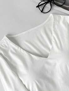 SHEIN EZwear 两件套女士深V领加垫紧身休闲长袖T恤套头衫，适合秋冬季穿着 - 彩色 - 查看 3