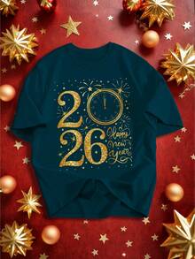 Manfinity Homme 男士休闲日常通勤假日2026新年印花短袖T恤，夏季 - 藏蓝色 - 查看 3