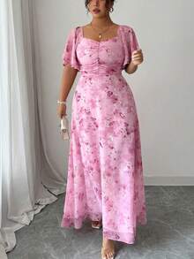 Modelyn Women's Chiffon Butterfly Printed Batwing Short Sleeve Pleated Sweet French Style Summer Dress - Pink - View 4