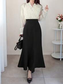 FRIFUL 女士优雅通勤波点印花荷叶边下摆衬衫