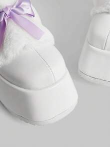 Sugerpunk Bốt cao gót đế xuồng lông giả màu trắng nơ tím cho nữ, phong cách đường phố dễ thương cho trường học - Màu tím - Xem 5