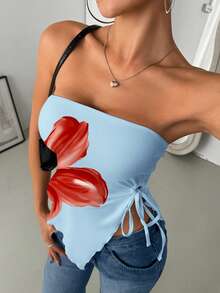 INAWLY Top bandeau con estampado floral y dobladillo asimétrico retorcido para mujer - Celeste - Ver 4