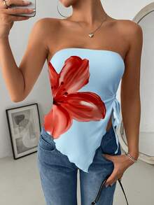 INAWLY Top bandeau con estampado floral y dobladillo asimétrico retorcido para mujer - Celeste - Ver 6