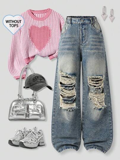 1 件 Tween 女孩复古街头服饰休闲学院风推荐，做旧水洗蓝色搭配古铜色调，破洞增添无忧无虑的氛围，松紧腰带带来舒适感，正面纽扣方便穿着，宽松修身廓形，适合外出、约会、聚会、返校，春夏必备时尚单品