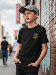 Camiseta informal de manga corta con cuello redondo y estampado de coche para niños pequeños preadolescente con elegante estampado autos automóviles carros ideal para uso diario primavera verano otoño - Negro - Ver 2