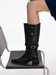 Mnmlis Women's Fashion Versatile Commuter Chunky Heel Mid-Calf Boots - Black - View 5