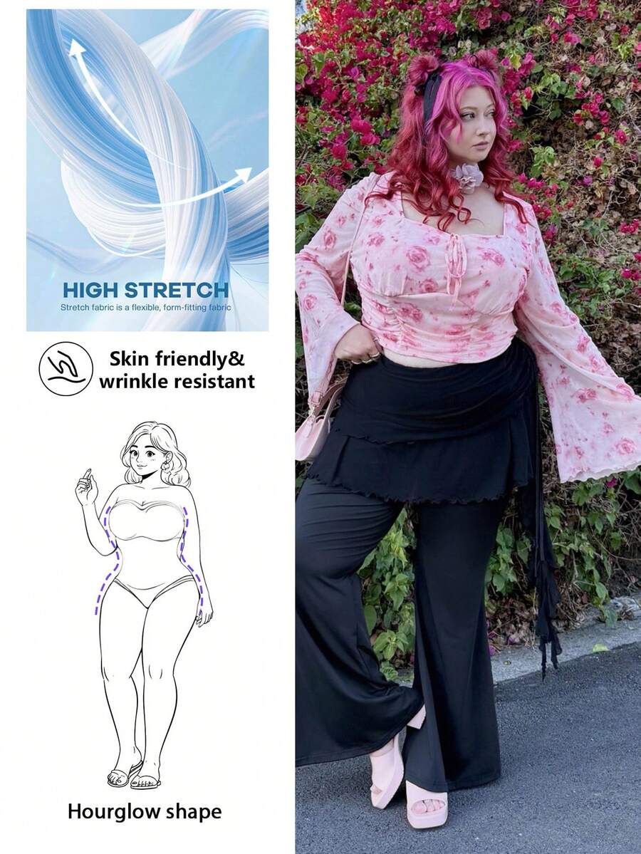 Hourglow Allicaitlin Plus Size Women Black Flared Pants With Drawstring ...