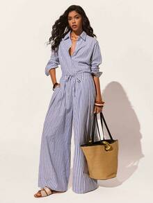 Poéselle 女士休闲通勤条纹侧袋宽松阔腿裤，秋季款 - 藍白色 - 查看 6