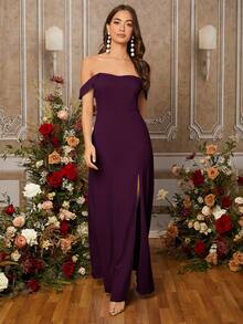 SHEIN Belle 成人女士纯色露肩侧开衩下摆优雅伴娘礼服 - 紫色 - 查看 4