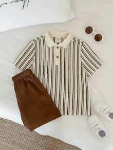 SHEIN Bộ 2 món thời trang cho bé trai, áo polo tay ngắn kẻ sọc và quần short, thoải mái mặc hàng ngày, mùa xuân/hè. - màu nâu - Xem 3
