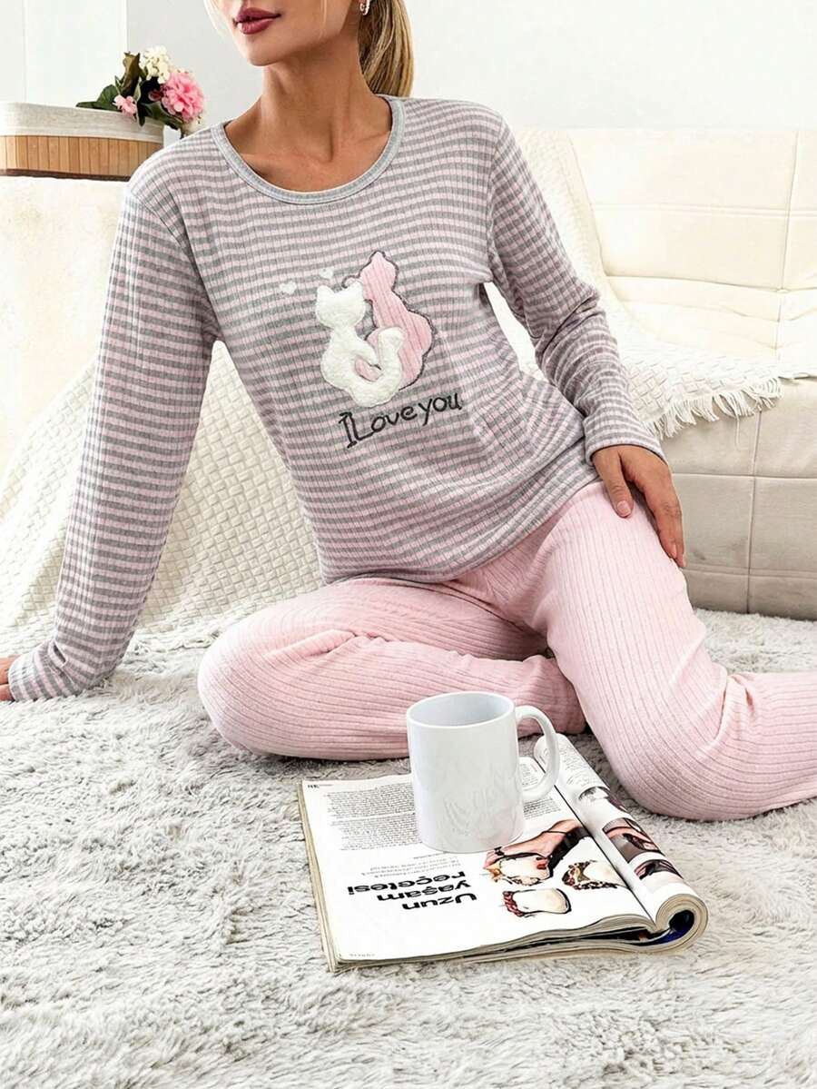 EURMUSE 100%Cotton Embroidery Cartoon & Letter Pattern Striped Lounge Set - Multicolor - View 1