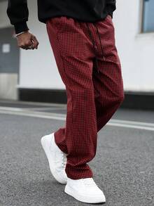 Claim Dot Men's Drawstring Waist Plaid Pocket Wide Leg Loose Casual Pants - Dark Red - View 5
