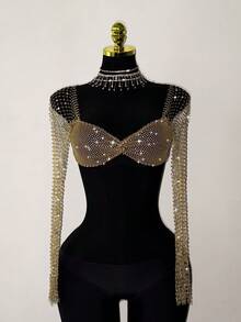 Jeanoix Women's Rhinestone Embellished Sheer Fishnet Cropped Top, Suitable For Holiday Parties And Gatherings - Champagne - View 1