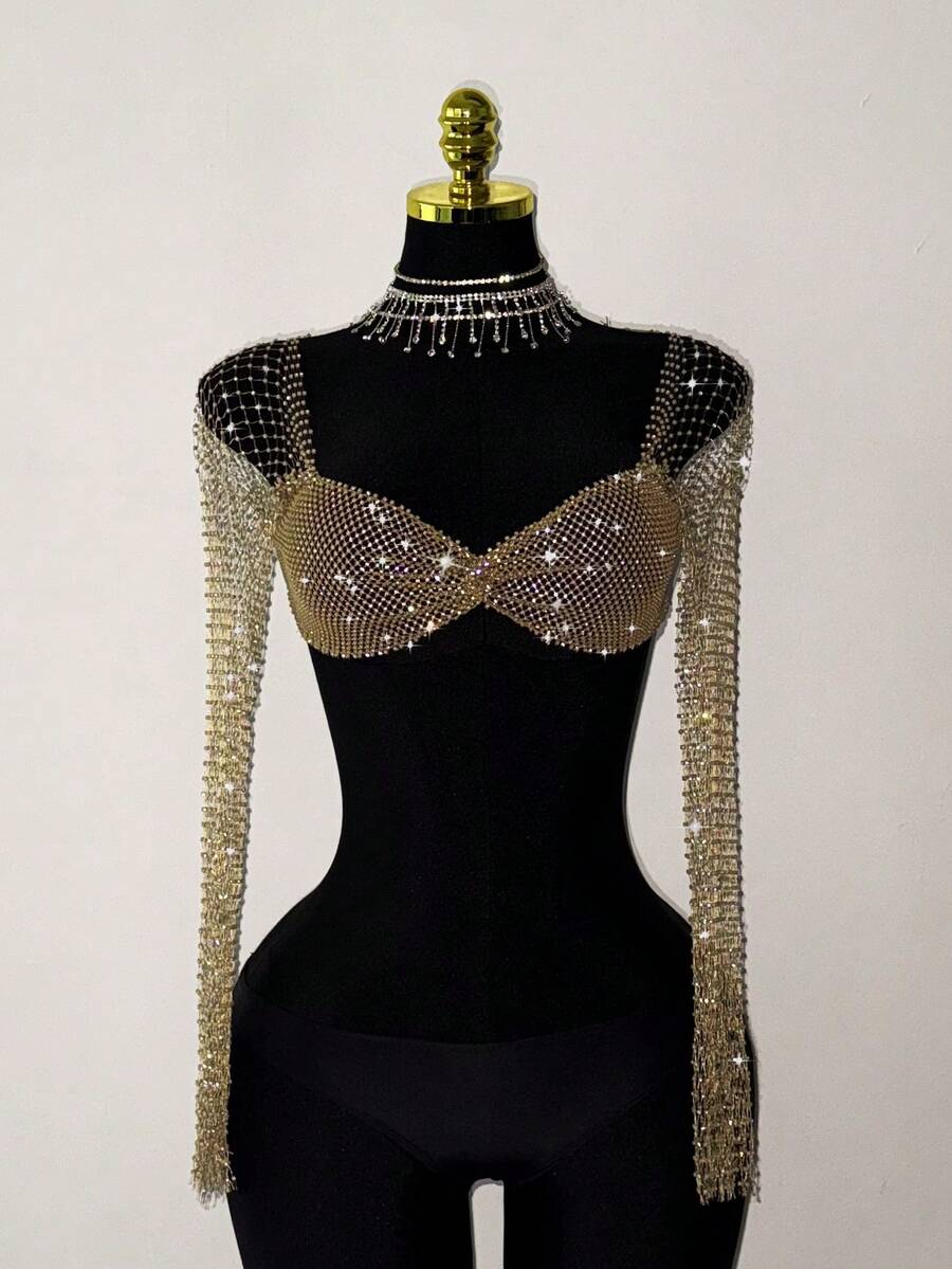 Jeanoix Women's Rhinestone Embellished Sheer Fishnet Cropped Top, Suitable For Holiday Parties And Gatherings - Champagne - View 1