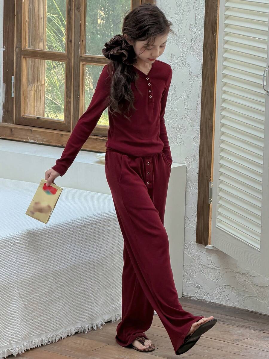 DAZY Tween Girls V-Neck Knit Long Sleeve Top And Pants Pajama Set, Fall - Burgundy - View 1