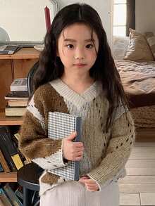 DAZY Young Girls V-Neck Diamond Pattern Sweater, Fall - Apricot - View 6
