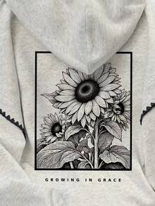 Resyla 女士加大码卫衣 / 时尚休闲复古卫衣 / 菊花字母印花 / 休闲简约时尚卫衣 / 时尚上衣 / 趣味卫衣 / 秋冬宽松加大码圆领长袖卫衣 / 女士春季套头衫，蕾丝边撞色连帽衫，长袖上衣，返校秋冬连帽衫 - 灰色 - 查看 3