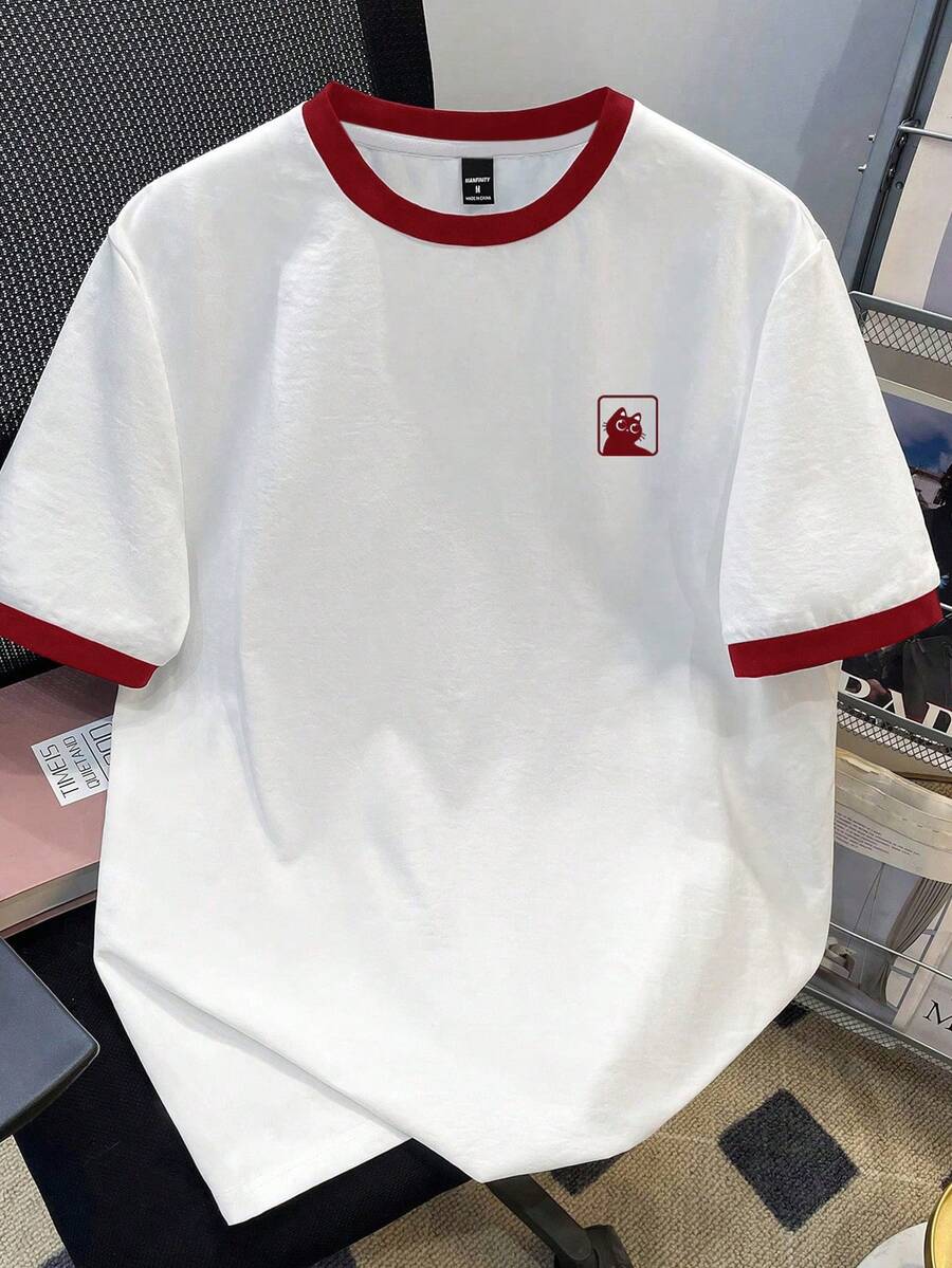 Manfinity Joysei 男士加大码红色袖子撞色猫咪印花短袖T恤 - 紅色 - 查看 1