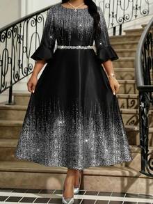 SHEIN Lady 大码圆领插肩喇叭袖收腰优雅连衣裙 - 彩色 - 查看 2