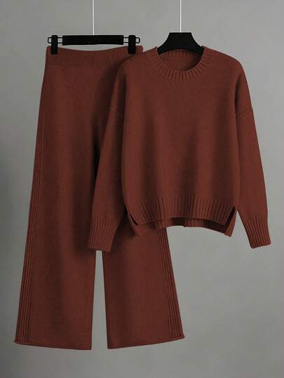 EMERY ROSE Conjunto de suéter de punto de manga larga holgado y pantalones con cintura anudada para mujer, talla grande, adecuado para salidas, fiestas y invitados de boda, otoño/invierno