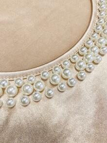 Franclia 缎面束腰珍珠领无袖A字连衣裙，优雅女士风格 - 杏色 - 查看 4