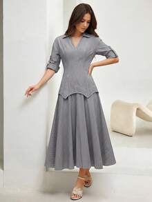 Heiryn Women's Fashionable Commuter Striped Midi Dress - Dark Grey - View 5