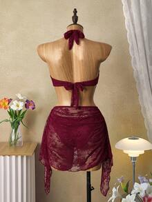 Bellisia Women's Solid Color Ruched Halter Bikini Set And Sheer Ruched Skirt - Burgundy - View 2