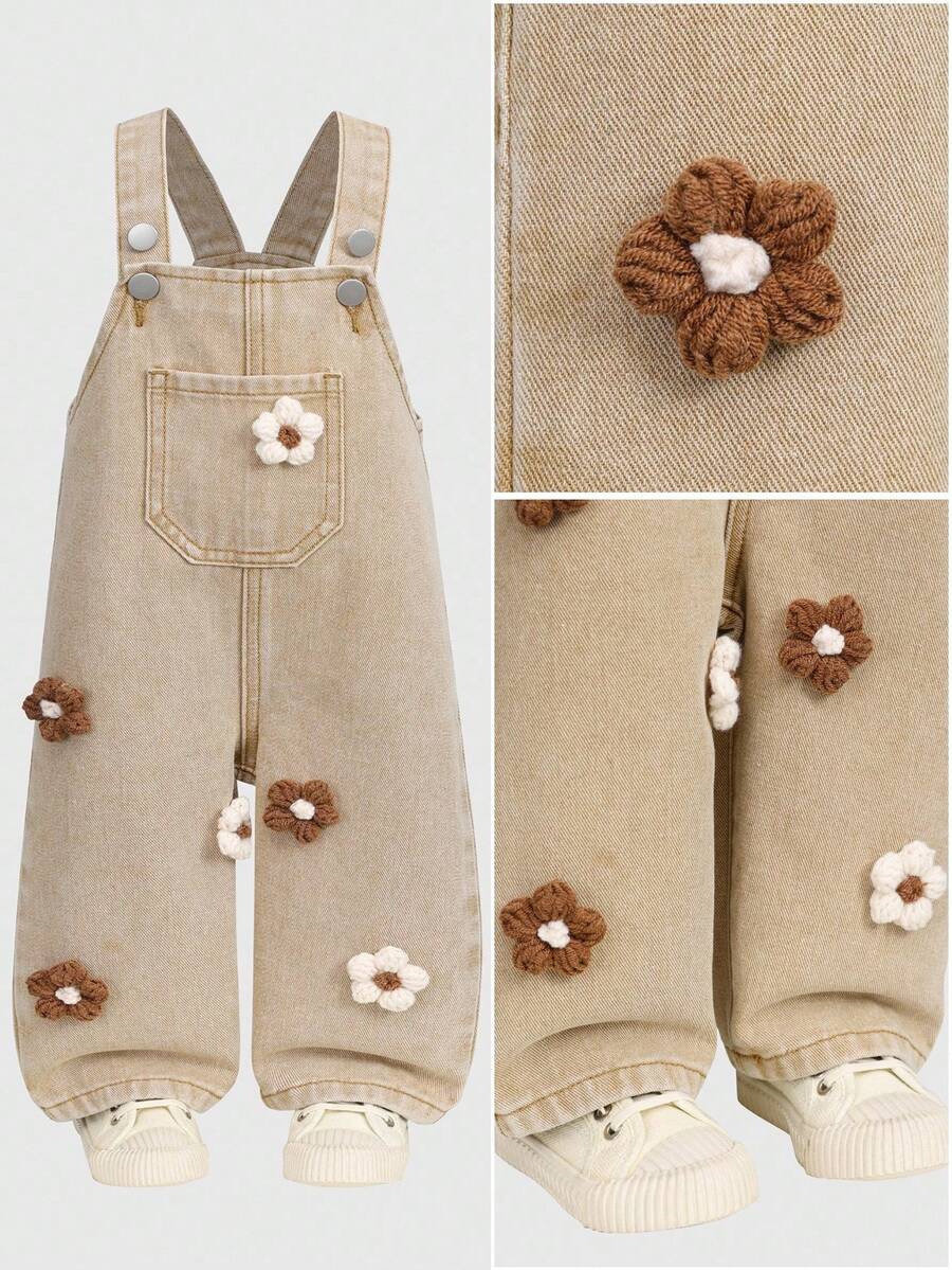 SHEIN 女婴水洗牛仔背带裤，碎花宽松连体裤 - 卡其色 - 查看 1