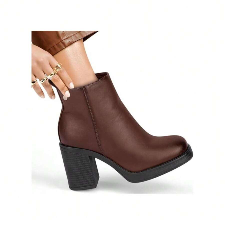 Botines para mujer con plataforma y tacón grueso, punta redonda, cierre, estilo moderno, para oficina y uso diario - Marrón - Ver 1