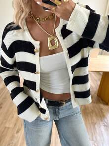 SHEIN EZwear 女式黑色和米色条纹针织开衫，宽松长袖，秋冬 - 黑與白 - 查看 6