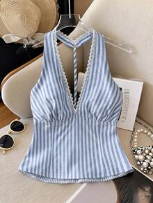 Resyla Summer Fashion New Blue Striped Women's Camisole Lace Patchwork Women's Camisole Criss-Cross Back Women's Camisole Hollow Back Women's Camisole Vacation-Suitable Women's Camisole - Blue and White - View 1