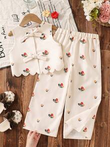 SHEIN 2pcs/Set Young Girl Ditsy Floral Sleeveless Top & Loose Casual Pants Set