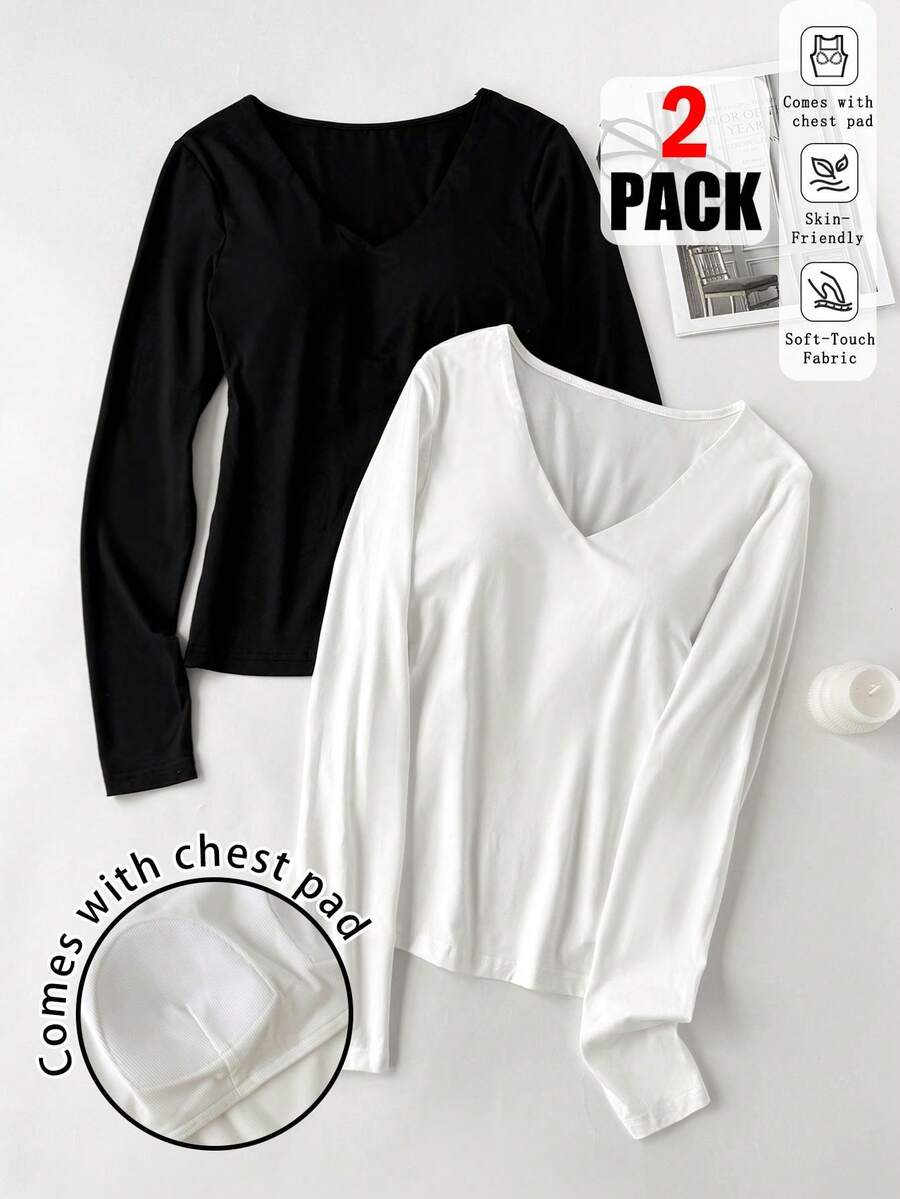 SHEIN EZwear 两件套女士深V领加垫紧身休闲长袖T恤套头衫，适合秋冬季穿着 - 彩色 - 查看 1