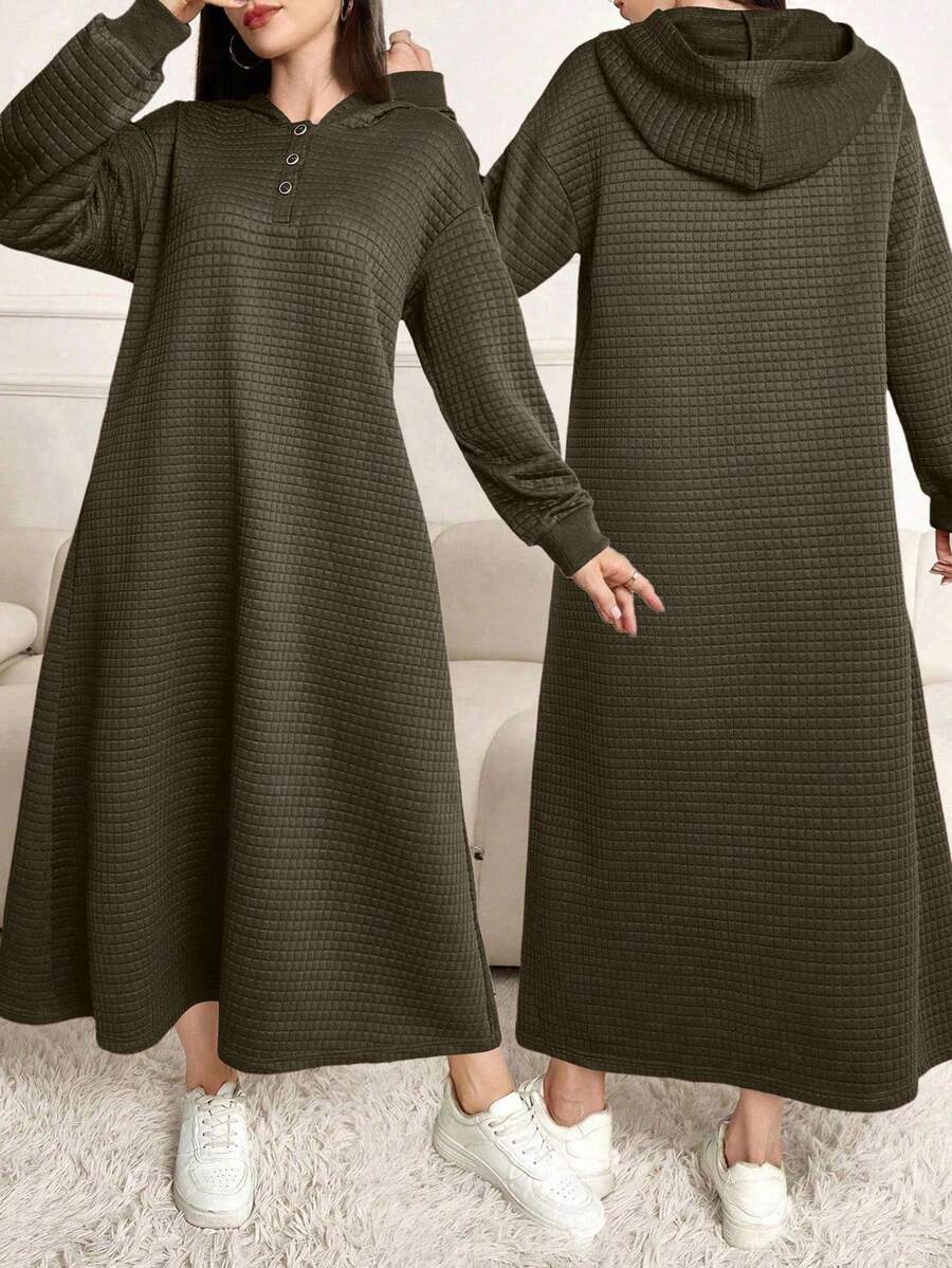 Modelyn Plus Size Women Textured Pink Hooded Dress - Army Green - View 1