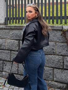 Jeta Ari 女式宽松休闲PU皮革拉链夹克，秋季服装 - 黑色 - 查看 2