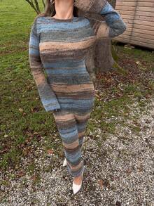 Jeta Ari Women's New Autumn And Winter Versatile Retro Striped Knitted Tight Dress, Sexy Backless Long Sleeve Slim Long Knitted Dress, Long Sleeve Party Dress, Wedding Guest Dress, Retro Autumn And Winter Base Knitted Dress, Daily Date Dress,Cozy Fall And Winter Clothes For Women