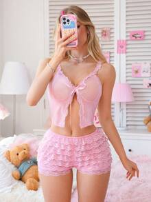 SHEIN 2pcs/Set Petite Doll Pink Lace Mesh Bow Crop Top And Shorts Sexy Lingerie Set For Women Lace Pajama Set Babydoll Pajama Set Valentine's Day Lace Pj Set Babydoll Lingerie Set Luvlette Lingerie Sleep Set - Pink - View 4