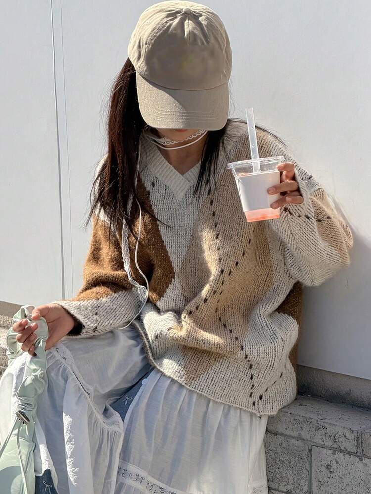 Tween Girls V-Neck Colorblock Plaid Pullover Casual Sweater, Fall