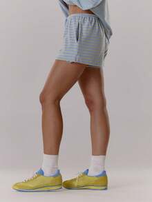 MUSERA 松紧腰带系带宽松版型柔软条纹短裤，舒适可爱休闲，适合咖啡俱乐部、优雅春夏穿着 - 淺藍色 - 查看 5