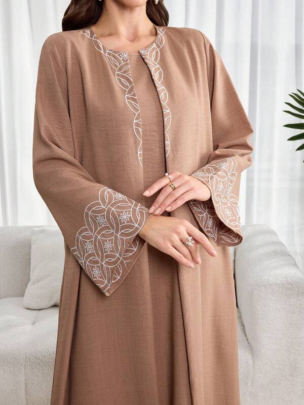 Al Najma Women's Graphic Embroidered Long Sleeve Jacket And Round Neck Sleeveless Dress Arabic Style Outfit Set