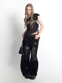 Bloopia Áo croptop dệt kim tay ngắn dáng ôm, bất đối xứng, có bèo nhún dành cho nữ. - màu đen - Xem 5