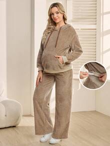 SHEIN 2pcs/Set Hooded Fleece Sweatshirt With Pockets & Loose Fit Sweatpants, Autumn/Winter - Khaki - View 1