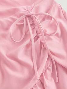 SHEIN MOD Casual Baby Pink Long Dress With Square Neck Puff Short Sleeves And Asymmetrical Ruffled Hem - Baby Pink - View 3