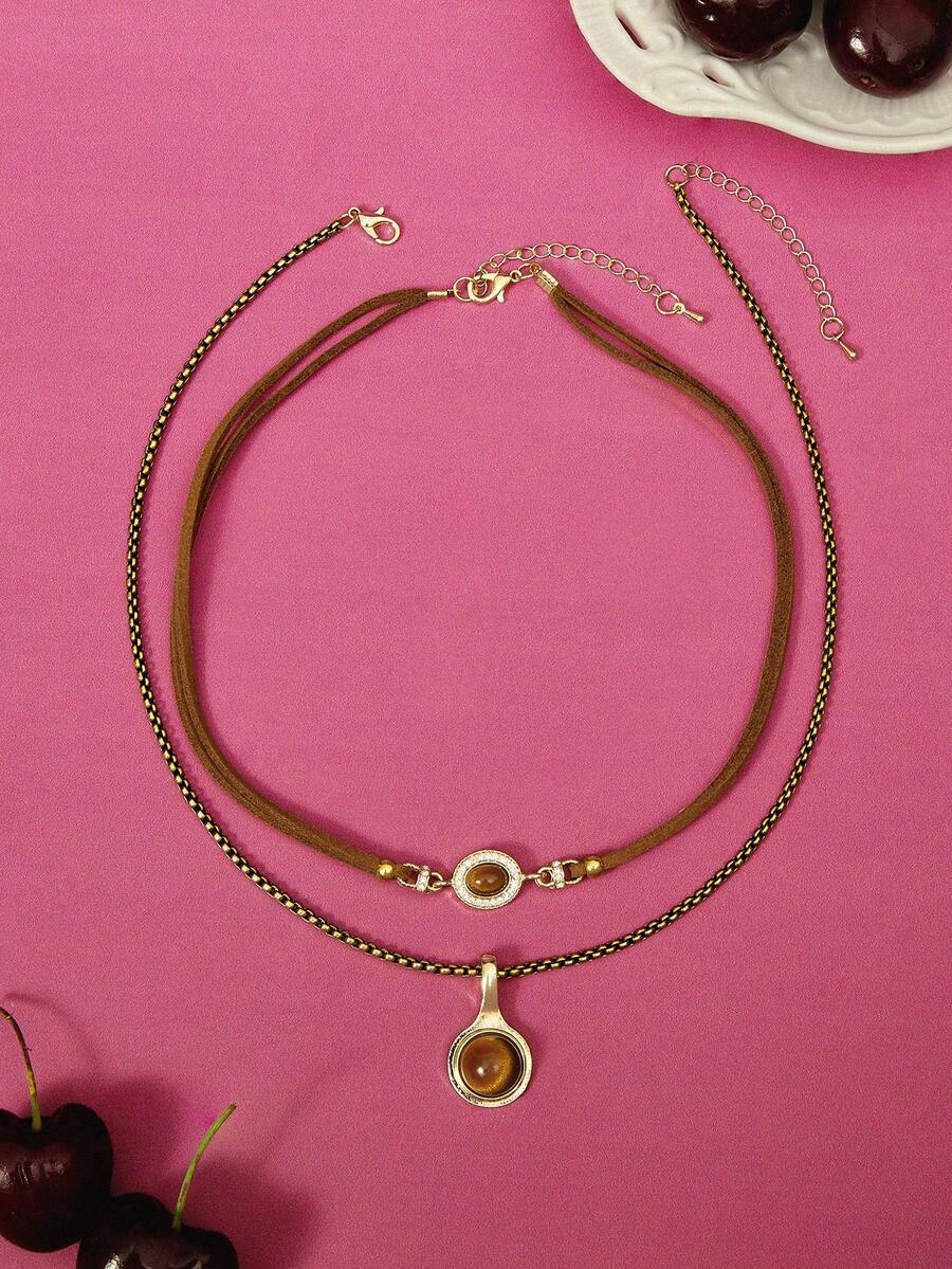 Glisma 2 件/套复古虎眼石吊坠多层项链，休闲日常佩戴女士颈链 - 項鍊 - 查看 1