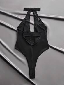 Faux Leather & Mesh Deep V Halter Bodysuit, Front Zipper Shaping Design, Sexy Dark Style Niche Lingerie - Black - View 7