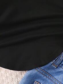 SHEIN Áo thun dệt kim cổ bẻ màu trơn cho bé gái, thích hợp mặc thường ngày, mặc đi học vào mùa thu đông, phù hợp cho mẹ và bé. Dùng cho dịp Giáng sinh. - màu đen - Xem 4