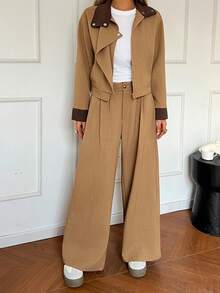 DAZY Women's Casual Contrast Color Patchwork Jacket And Wide Leg Pants 2 Pieces Set, Autumn/Winter Lounge Sets For Women - Khaki - View 3
