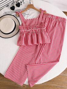 SHEIN Tween Girls Summer Cute Striped Camisole And Elastic Waist Pants 2 Pieces Set - Red - View 8