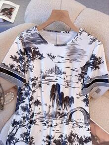 Resyla Women's 2026 Summer Chinese Style Landscape Print Dress White Crew Neck Short Sleeve A-Line Casual Midi Dress - Multicolor - View 5