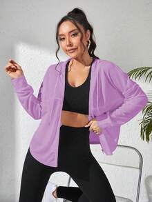 SHEIN Sports 女士纯色落肩长袖拉链前袋连帽运动夹克 - 紫色 - 查看 5